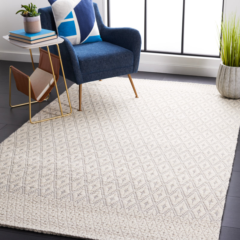 Congleton Hand Woven Wool/Cotton Geometric Rug in Ivory/Black, Rectangle 5' x 8'