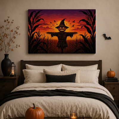 Épouvantail citrouille dans un champ de maïs au coucher du soleil - Toile murale d'Halloween
