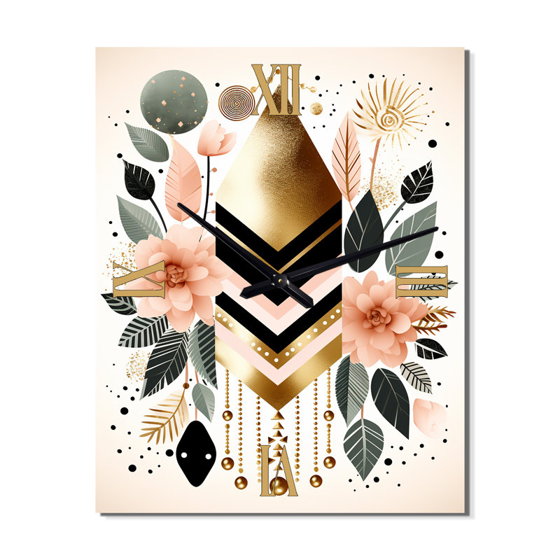 Boho Chic Floral géométrique rétro Illustration III - Très grandes horloges murales géométriques modernes, Médium