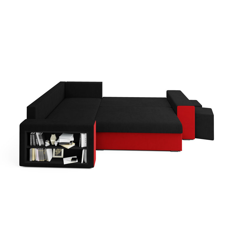 Azruddin 3 Seater Corner Sectional, Left -sided, Black/Red - Microfaza15/Microfaza22