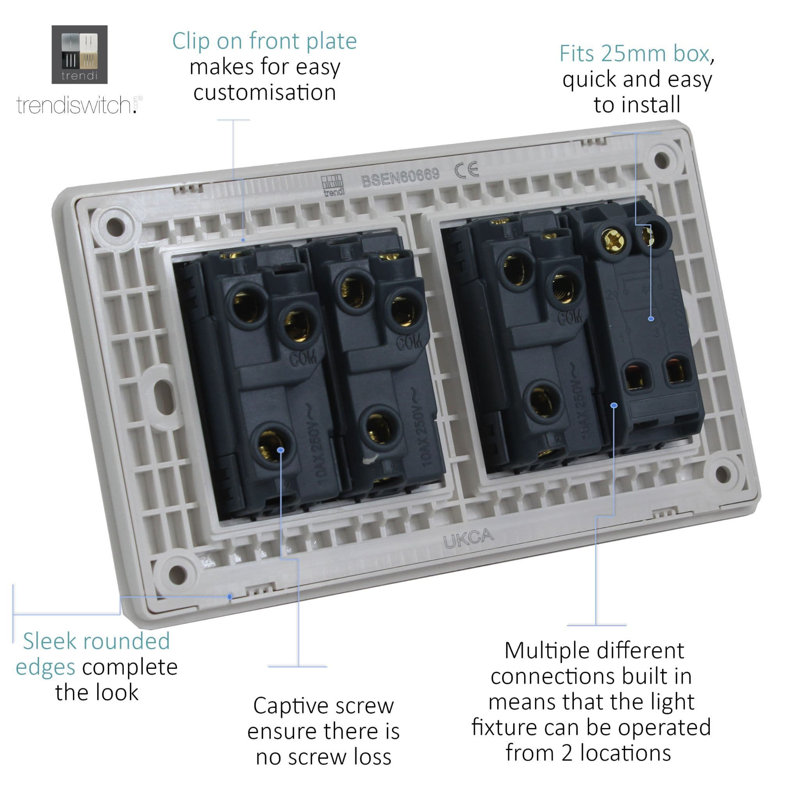 Trendi Switch 4 Gang Light Switch (3x 1 or 2 Way & 1 x Intermediate), Piano Black