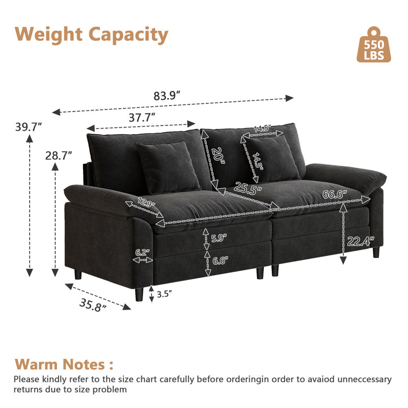 83.9-Inch Modular Sectional In Chenille Fabric, Black