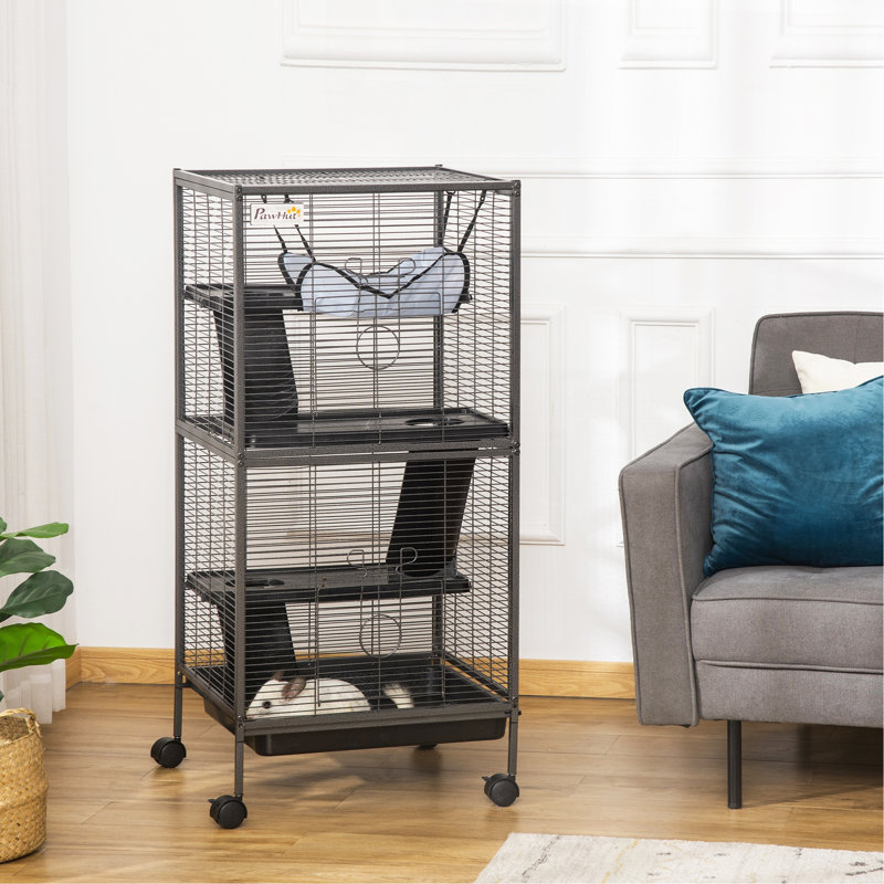 Cage en métal pour petits animaux, grande cage de furet, cage Chinchilla, cage à sucre, avec hamac et 4 niveaux, plateau amovible, gris