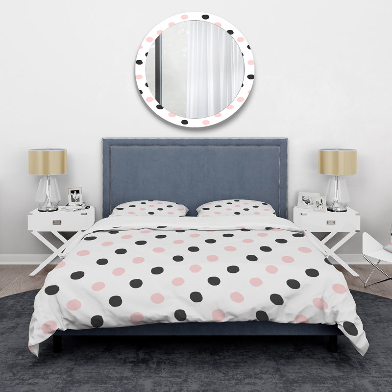 Rose et noir à pois - ensemble de housse de couette moderne - microfibre de polyester