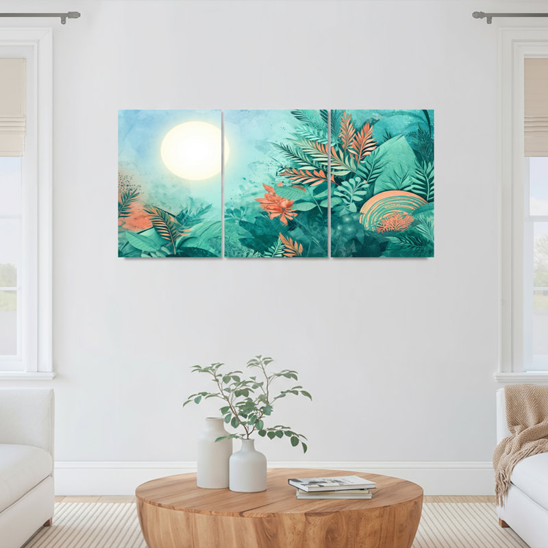 Feuilles tropicales et fleurs, reproduction d'art sur toile tendue sur toile, ensemble de 3, 2436