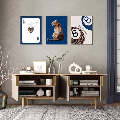 Bleu marine léopard, ensemble d'art mural sur toile de 3 affiches de guépards, décoration murale tendance 8 balles Lucky Me