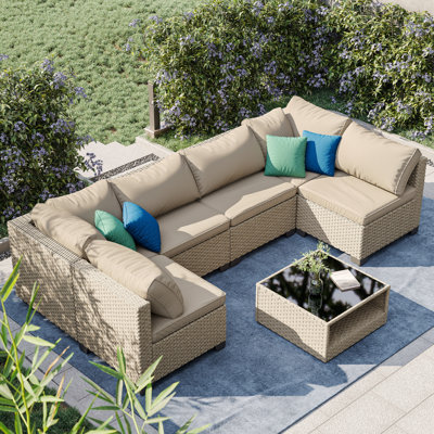 -piece boho patio furniture set: all-weather outdoor conversation sectional sofa, water-resistant grey thick cushions, expansive