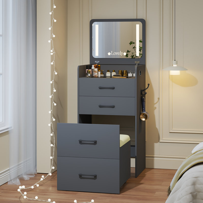 Dressing Table with Mirror, Black, Grey