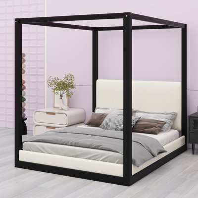 Lit plateforme moderne à baldaquin avec tête de lit tapissier