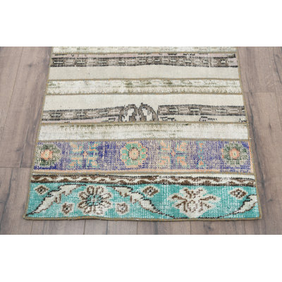 33.9x83.5 Inch Bohemian Wool Runner Rug, Beige Striped Pattern
