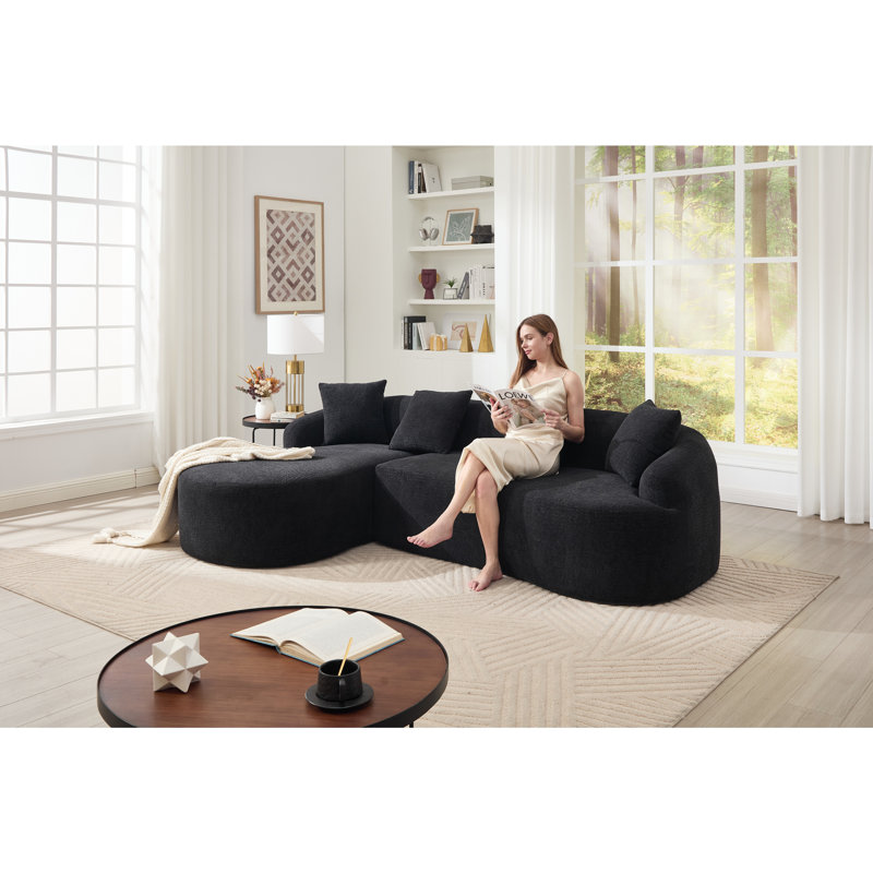 Canapé modulaire en L à compression avec méridienne courbée, canapé modulaire en chenille noir sans os, canapé-lit minimaliste en mousse haute densité 30D pour le salon, la chambre à coucher et un appartement