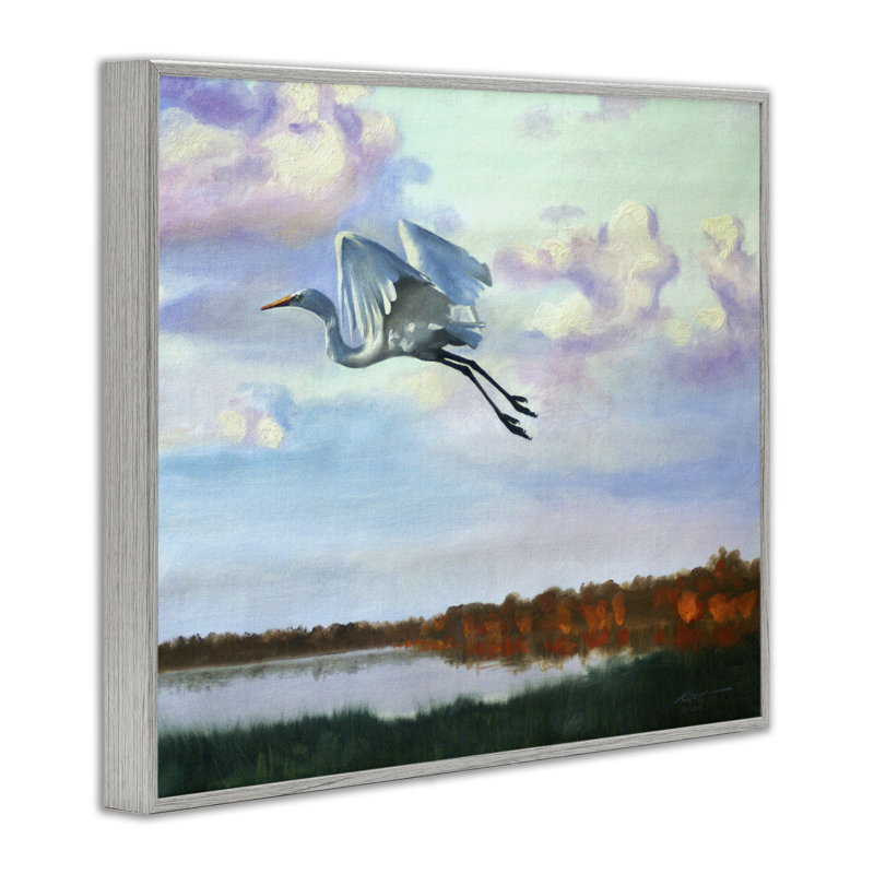 «Egret Over Lake Shore», estampe numérique par D. Rust, H 24 po x l 30 po, Estampe numérique Farmhouse