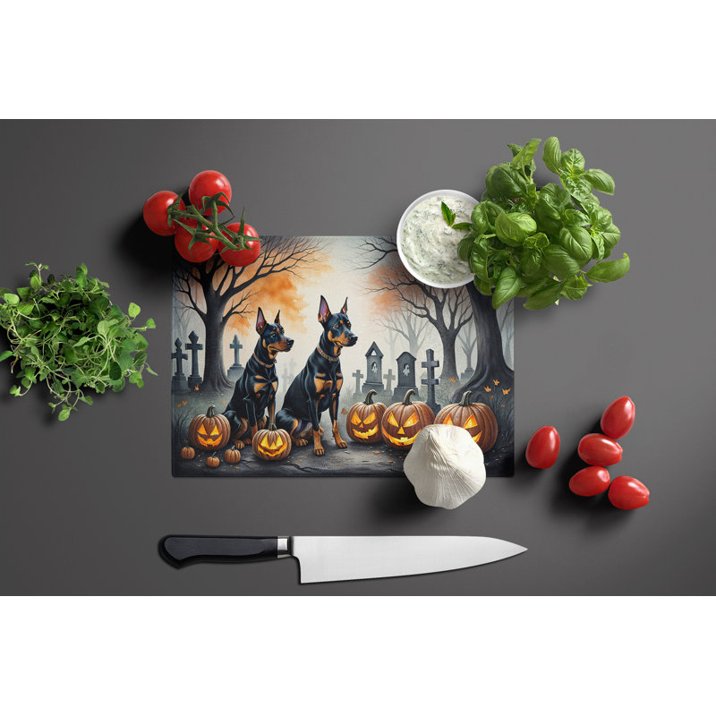 Doberman Pinscher Spooky Halloween Glass Cutting Board Large