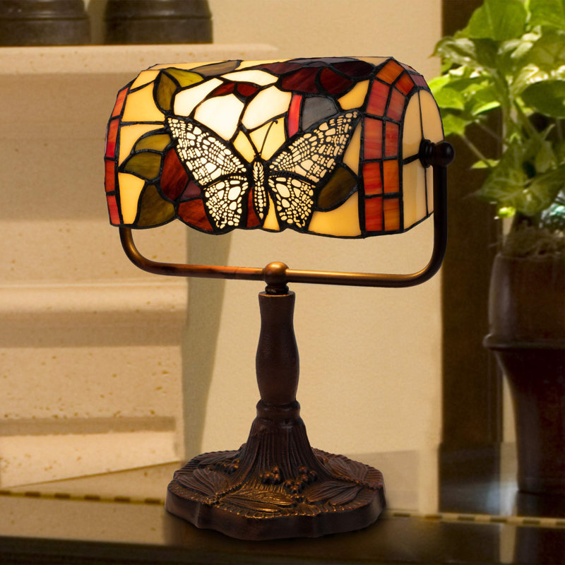 Rosalind Wheeler Tiffany Style Bankers Lamp-Stained Glass Butterfly Design Table or Desk Light LED Bulb Included-Vintage Look Colorful Accent Decor