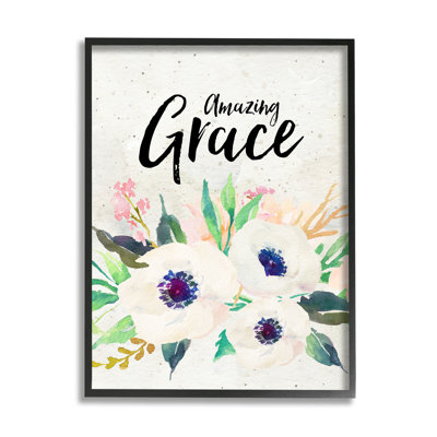 Amazing Grace Calligraphy White Flower Blossom Bot Picture Frame Print on MDF