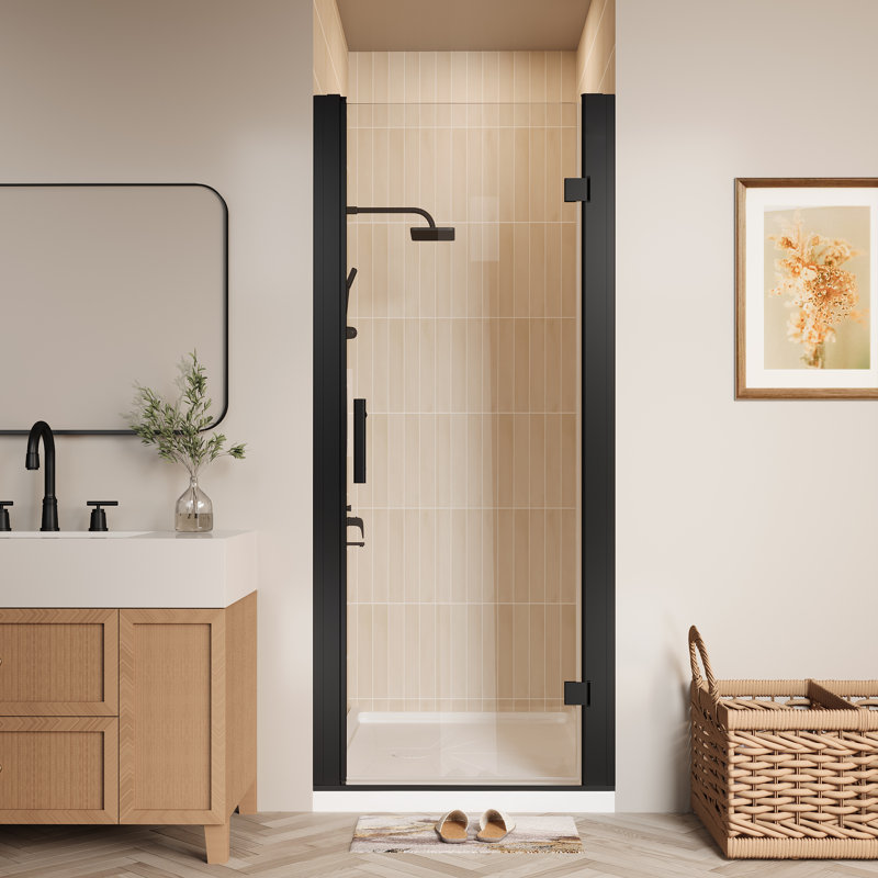 28" - 30" W X 72" H Pivot Hinged Swing Frameless Shower Door With Clear Glass, Matte Black