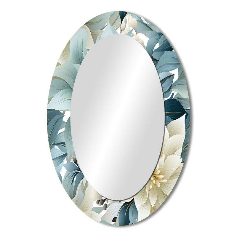 Zen Grey And White Flower Elegance - Large Oval Wall Mirror On Metal, 36" x 24"