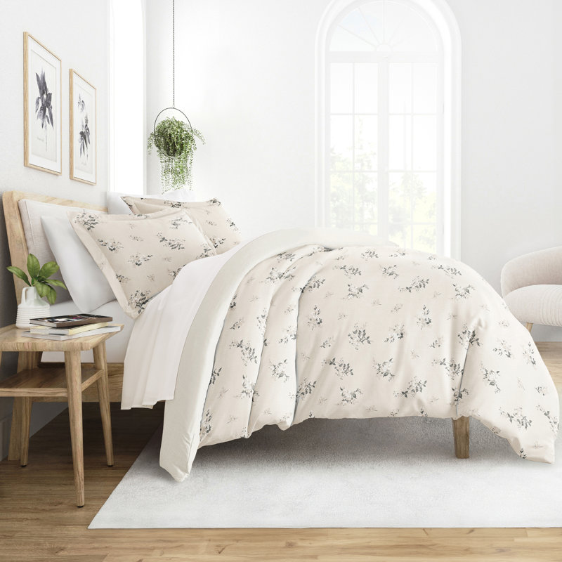 Ivory Floral Twin Microfiber Duvet Cover Set