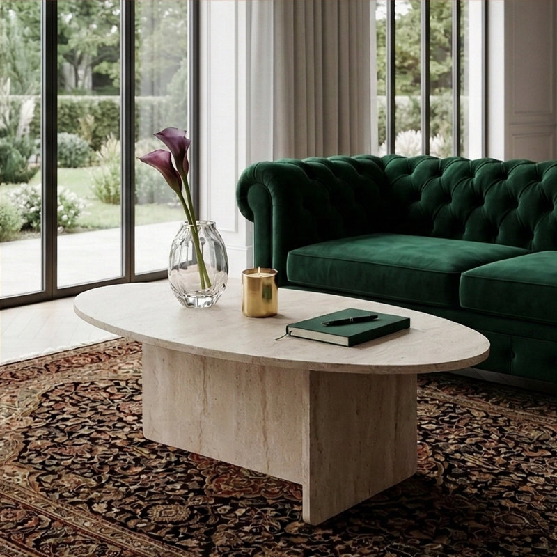 Table basse ovale moderne avec base architecturale Aurelia, Travertin