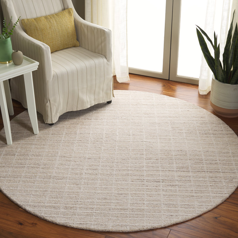 Tapis rayé ivoire / beige en laine / coton touffeté à la main Delsin, Rond 6 pi