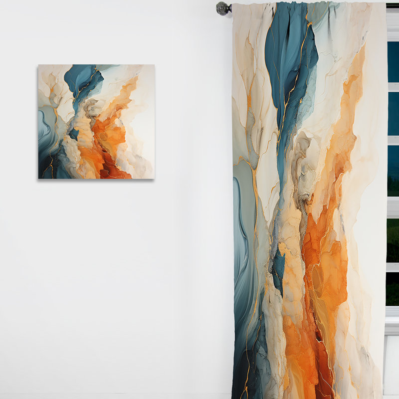 Abstract Orange And Blue River Ink - Modern Velvet Curtain - Room Darkening - 1 panel, 52" W x 84" L