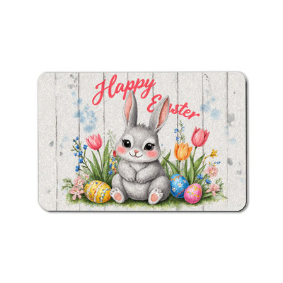 24x36 IN Non Slip Bathroom Mat with Happy Easter Gray Bunny for Entryway