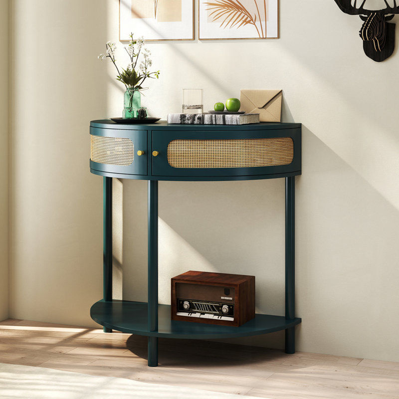 Unique Half Moon Console Table with Rattan Storage for Various Rooms