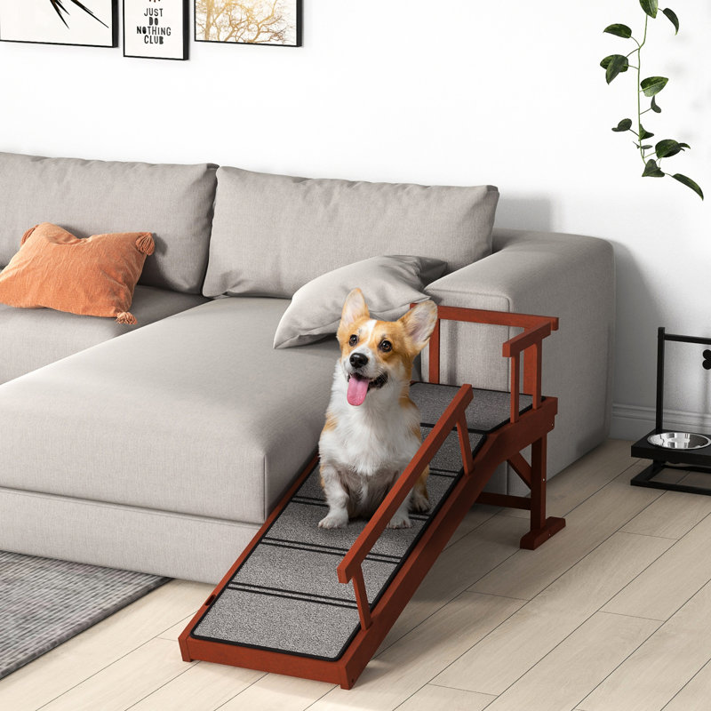 Rampe 49 po pour chien de différentes tailles, tapis brun antidérapant, garde-corps amovibles, charge moyenne antidérapante de 66 lb, capacité, pin