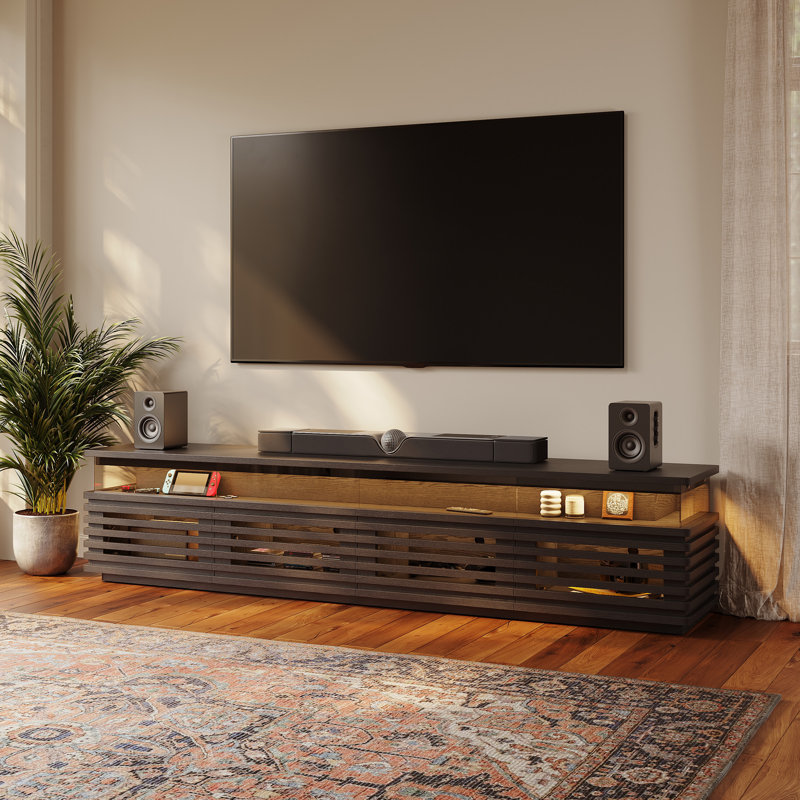 Selene Slatted Media Console With LED Lighting, No Assembly Required, Black, 20.47"H x 94.49"L x 17.72"W