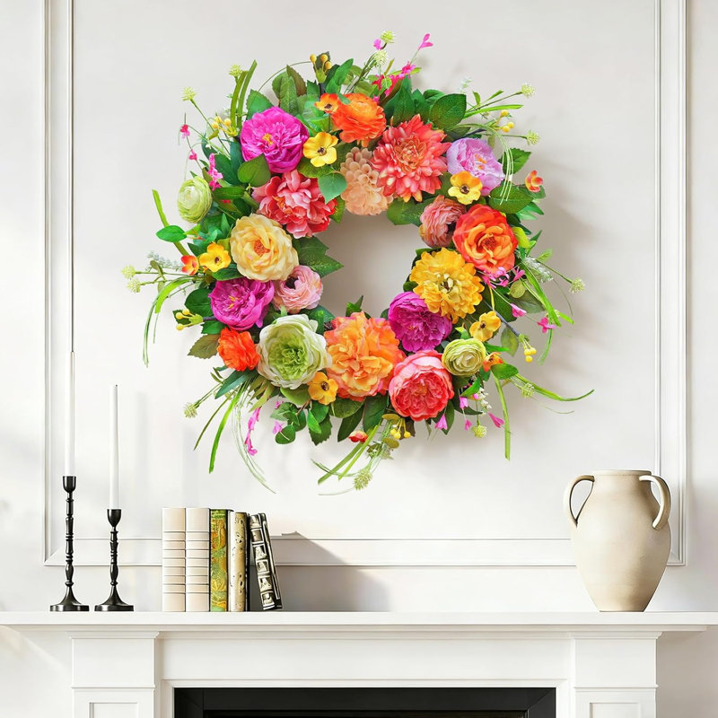 Couronne de printemps pour porte d'entrée 24 po, couronne d'été avec rose