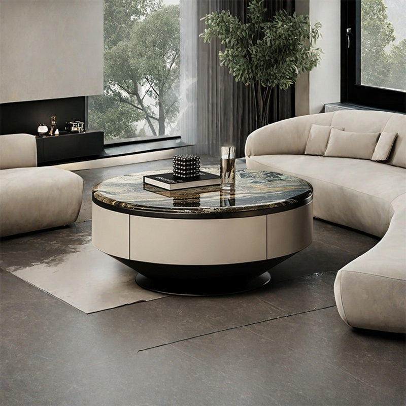 Round microcrystalline stone coffee table, 13.8" H x 35.4" L x 35.4" W