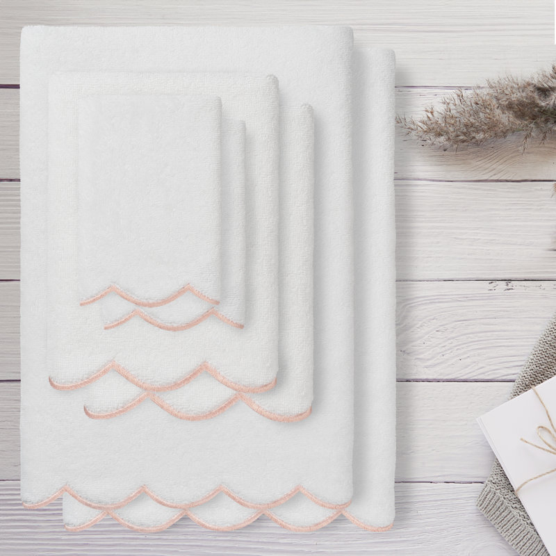  Ensemble de serviettes 100% coton festonné 100% coton ADORNIA, Ensemble 6 serviettes de bain, Blanc / Rose