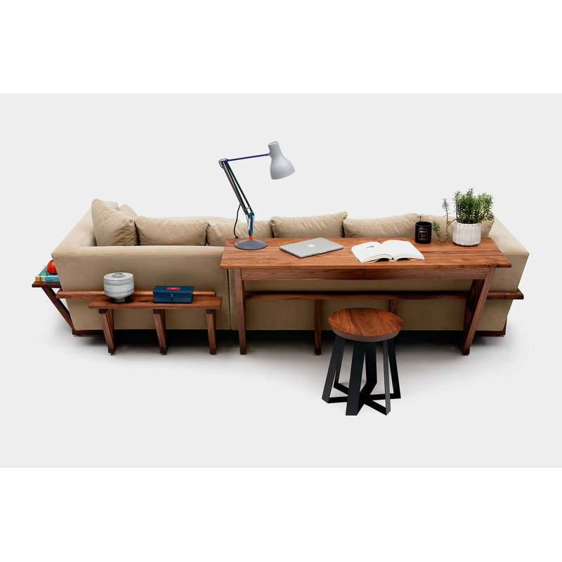 LRG Upholstered L-Shaped Sectional Left Hand Facing, Taupe, Right and Back Side Trays, Solid Walnut