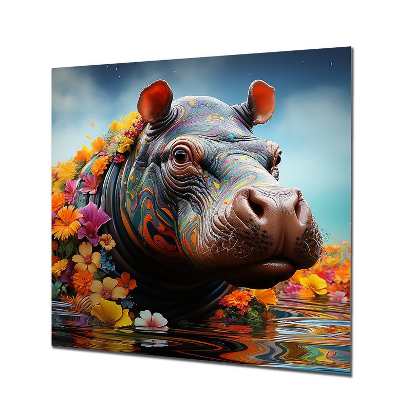 Floral, hippopotame mystique, piscines 1 - art mural hippopotame, H 36 po x l 36 po