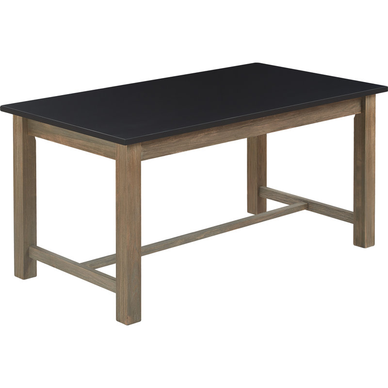 Table de salle à manger Tommy Hilfiger Elmhurst de 162,5 cm de large, style ferme moderne, dessus noir et piètement en chêne gris, lignes épurées et design à tréteaux.