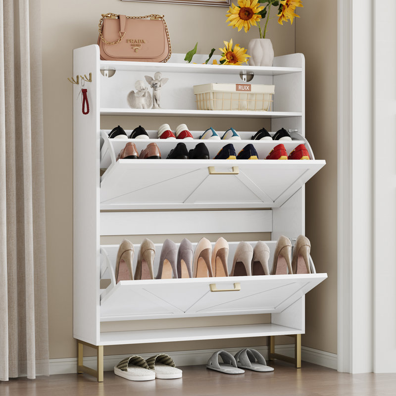 20-Pair Shoe Storage Cabinet with 2 Flip-Down Drawers, 2 Shelves & Adjustable Shelves, Side Hooks, White/Gold
