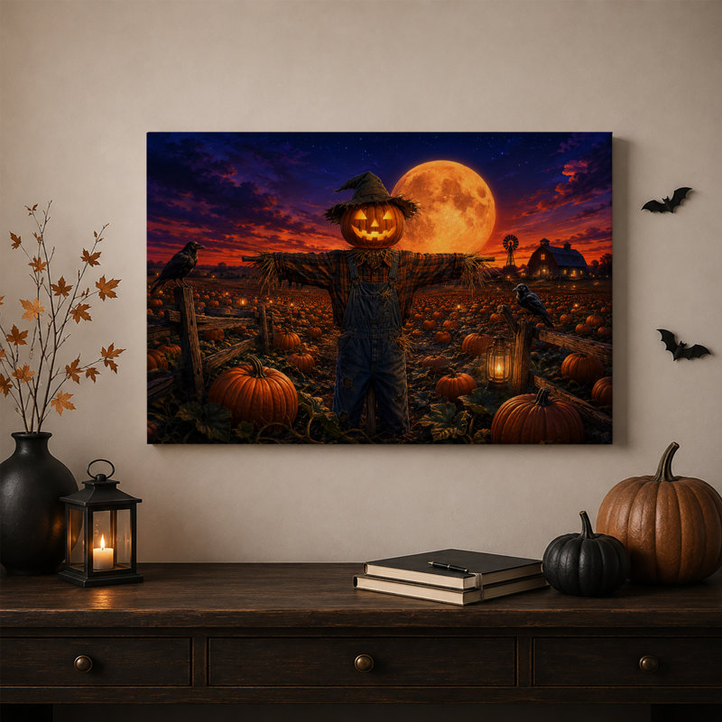 Épouvantail à tête de citrouille dans un champ de citrouilles - Toile murale d'Halloween, 16"H x 24"W