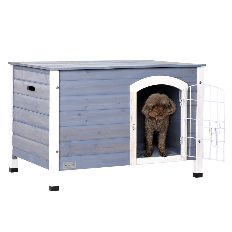 Niche pour chien d'intérieur avec plancher surélevé et fond antidérapant, niche pour chien en bois avec porte verrouillable en fer