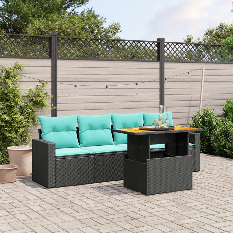  5 Piece Patio Sofa Set With Cushions Grey Poly Rattan, Light Blue, Black