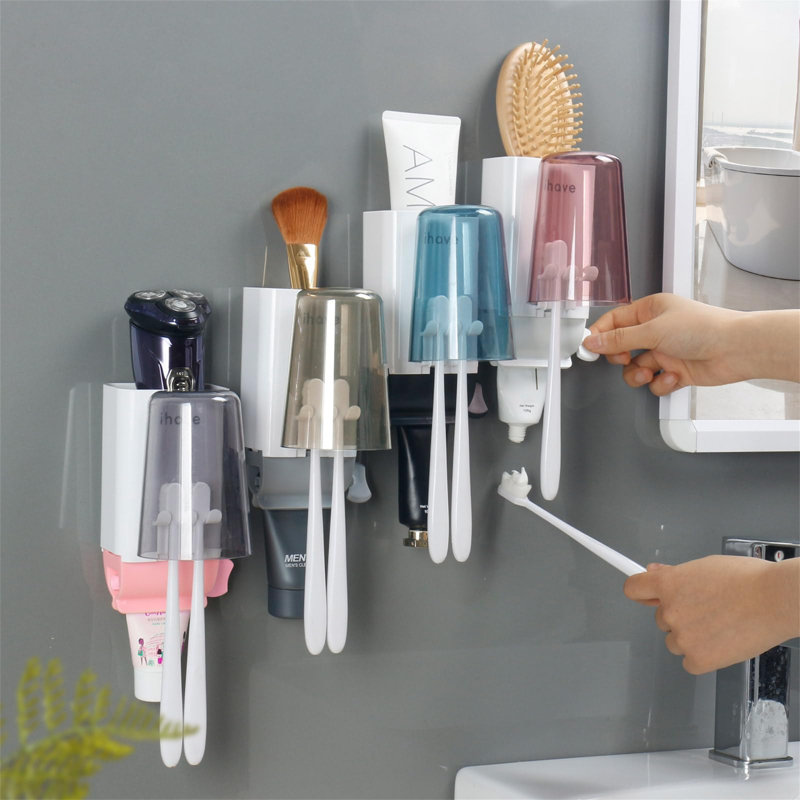 Wall-Mounted Toothbrush Holder With Toothpaste Dispenser, 4 Cups
