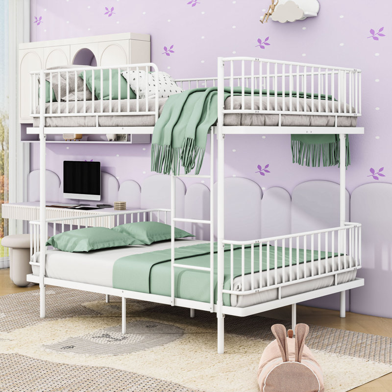 Metal Bunk Bed with Ladders and Guardrails, Full Over Full, White