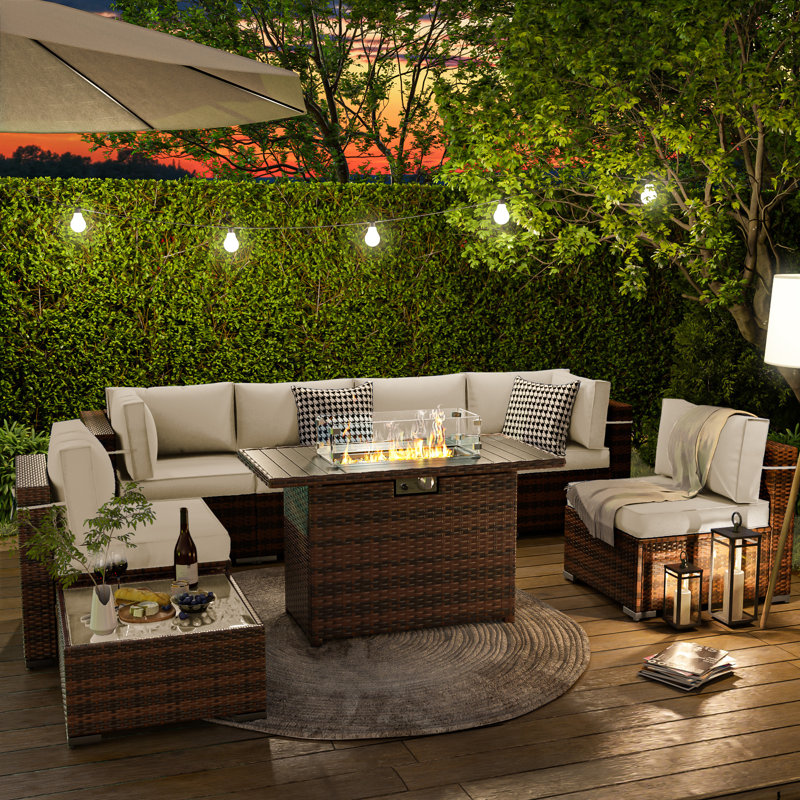8 Piece Rattan Sectional Seating Group with Cushions and Fire Pit Table, Cream