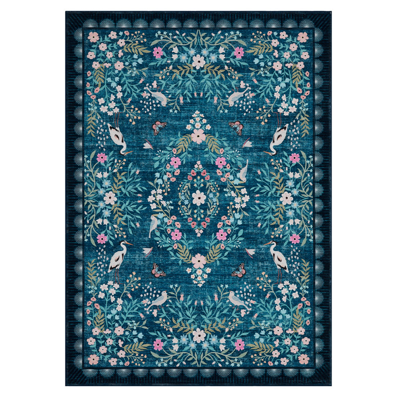 Floral Area Rugs for Living Room Bedroom, Washable Non Slip Vintage Floor Rugs Large Low Pile Oriental Distressed Carpet