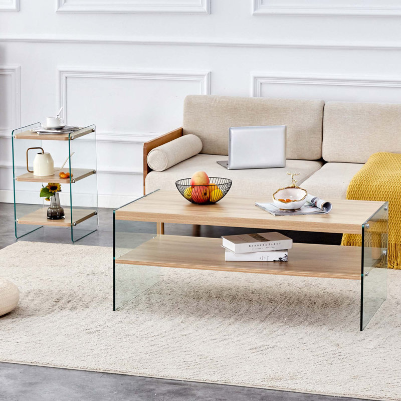 Ensemble de table de chevet et de table basse à 3 niveaux avec tablettes de rangement, Bois