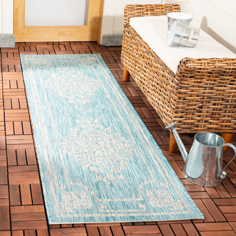 Tapis intérieur / extérieur beige / turquoise Arneshia, Tapis de couloir 2 pi 3 po x 6 pi 7 po