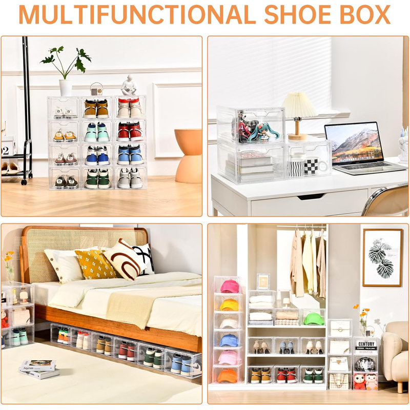 6 Pack Clear Stackable Shoe Storage Box With Magnetic Door - Shoe Organizer For US Size 12