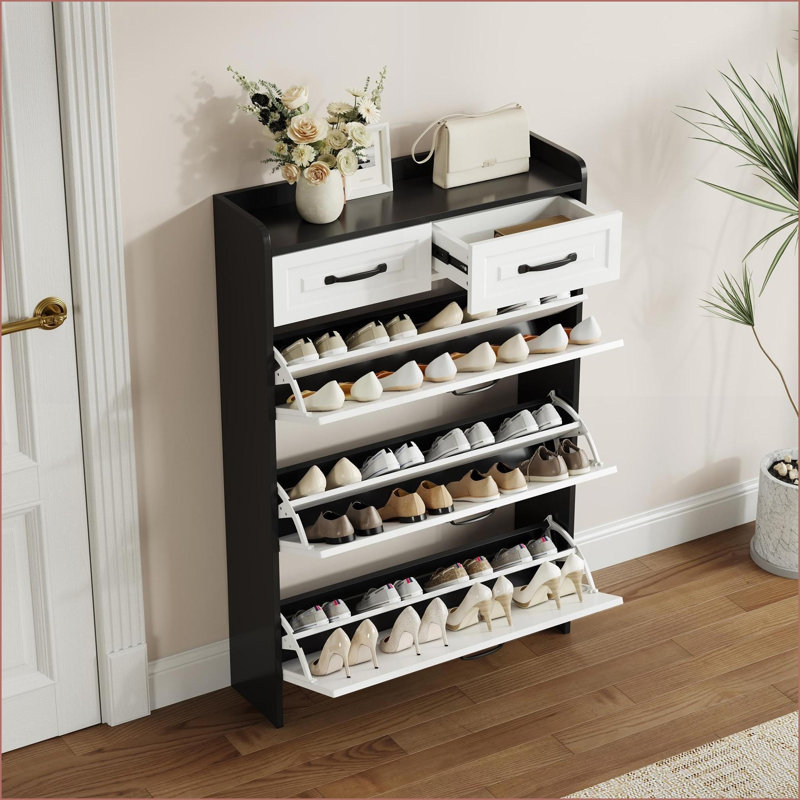 Shoe Cabinets, Black with 3 Flip Doors &amp; 2 Drawers, Large Storage | Minimalist | MDF/Particle Board