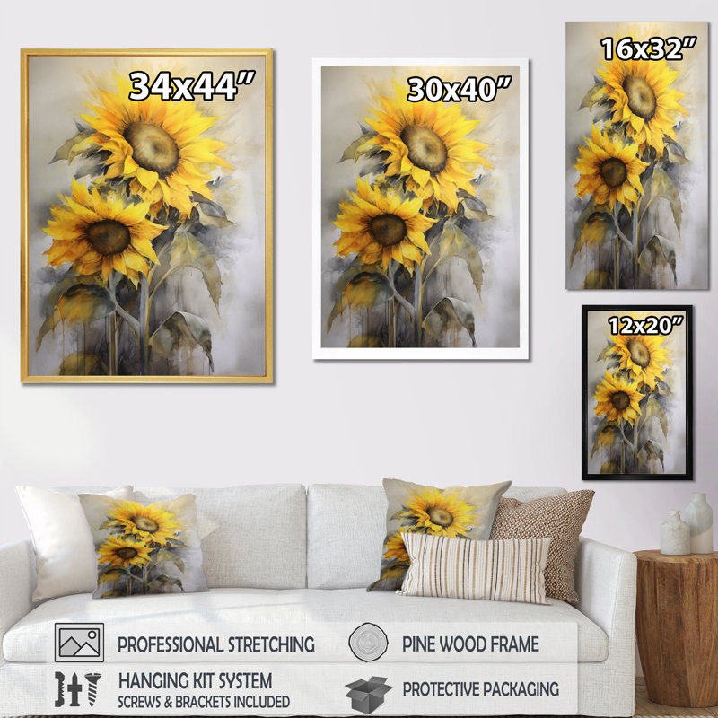 Jaune, jaune, doré, art floral sur toile, H 44 po x l 34 po x P 1,5 po, Cadre flottant en érable