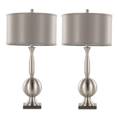 30" Contemporary Metal Table Lamp In Brushed Nickel With Grey Satin Shade - Set Of 2
