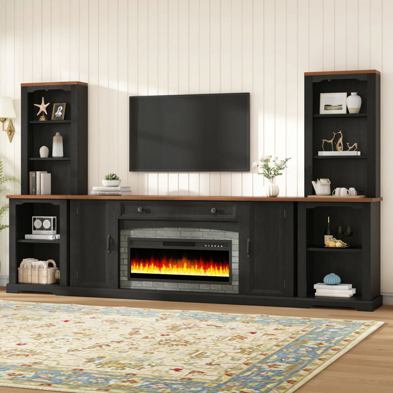 3-Piece Entertainment Center With Mantel - Electric Fireplace Heater For Tvs Up To 70", Walnut Tv Stand Set With Storage, Farmhouse Tv Cabinet With Bookshelves